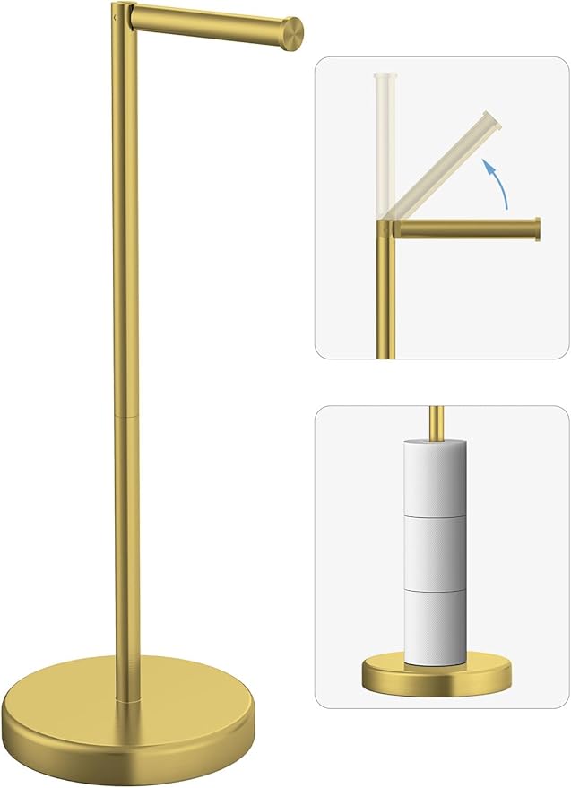 Evolvegoods Brushed Gold Toilet Paper Holder Stand, Freestanding Toilet Paper Holder for Bathroom, 304 Stainless Steel Rustproof Tissue Roll Holder Storage for 4 Rolls(Fits All Rolls)