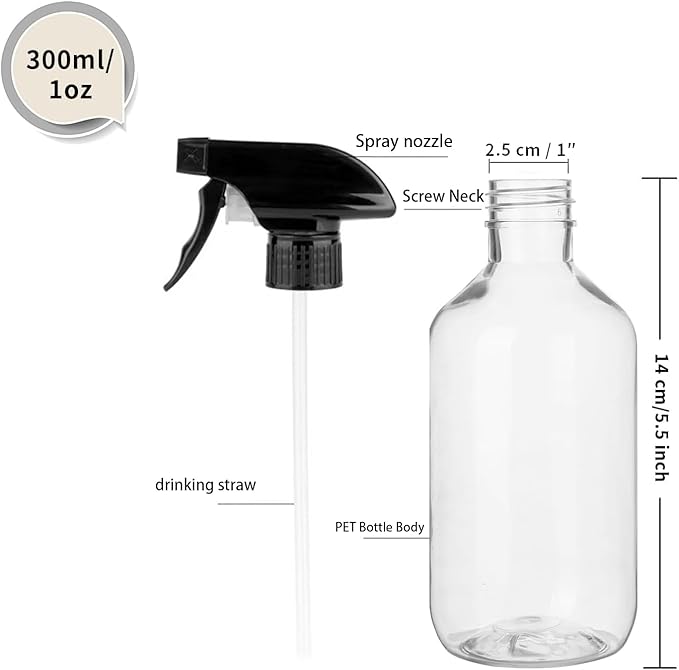 2 Pack Leakproof Spray Bottles 300ml - Adjustable Nozzle (Mist/Jet), Refillable PET Plastic for Hair, Cleaning, Plants, Travel | BPA-Free, No-Spill Design, Salon & Home Essentials (Clear)