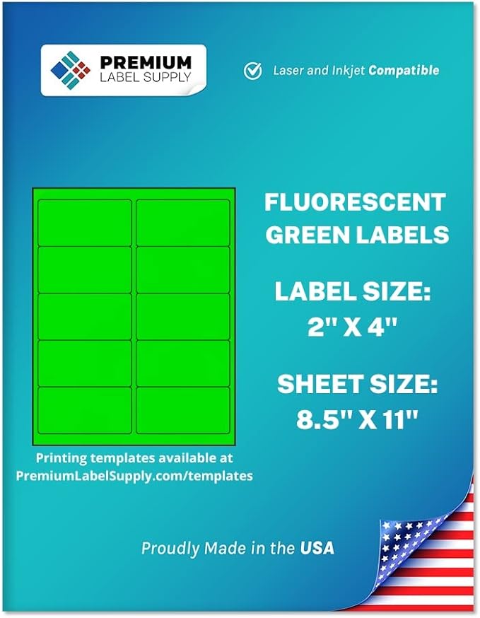 Premium Label Supply Bright Neon Color Fluorescent Stickers - 2" x 4" Labels - (Green Fluorescent, 5000 Labels)