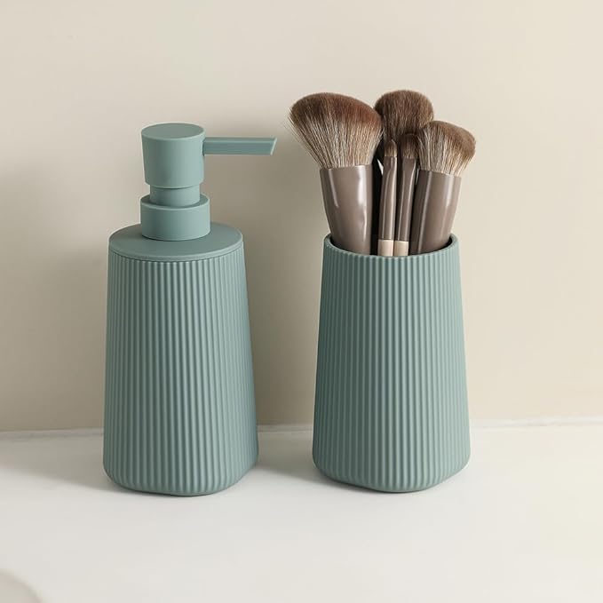 Bathroom Accessories 2 Piece Soap Dispenser and Toothbrush Holder Set Striped Green