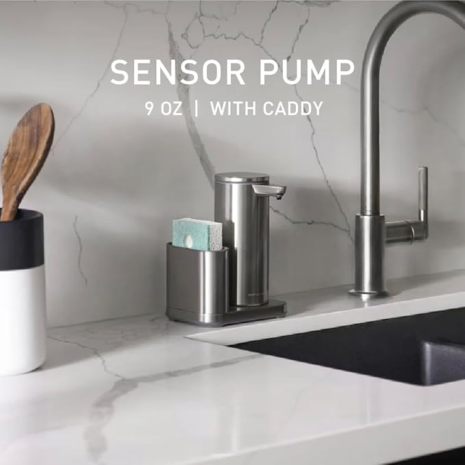 simplehuman Liquid Sensor Pump, 9 oz. with Caddy, Automatic Soap Dispenser for Kitchen and Bathroom, Touchless Motion Sensor, Variable Dispense, Rechargeable, High Grade Brushed Stainless Steel