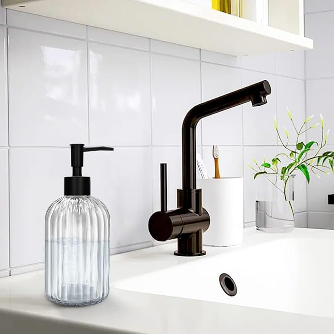 Pack of 2 Glass Soap Dispenser with Black Pump, 400 ml Refillable Pump Dispenser for Kitchen, Bathroom, Laundry Room, Liquid Glass Bottle for Washing Up Liquid, Shampoo, Conditioner (Clear)