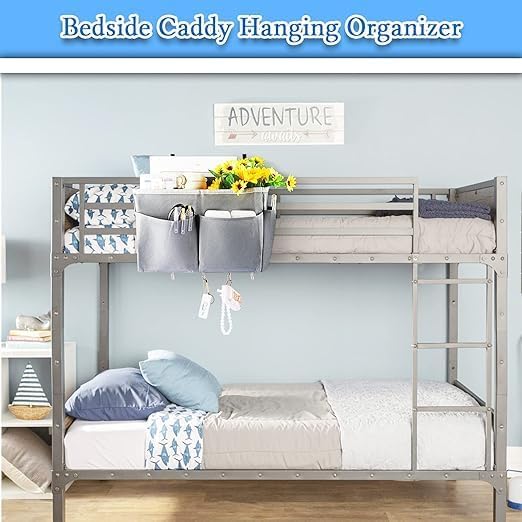 Bedside Storage Organizer 5 Pockets with 4 Hooks Hanging Storage Bag for Headboards/Bunk Bed (2Pack Grey)