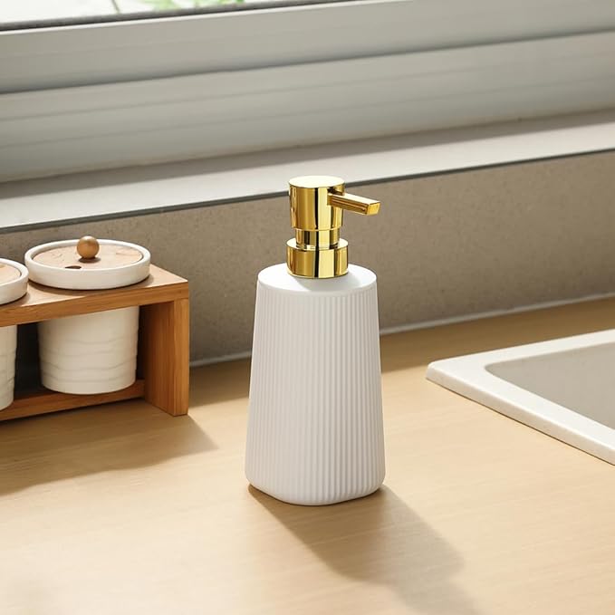 Small Soap Dispenser for Bathroom and Kitchen, Modern Farmhouse Striped Style Plastic Hand Soap Dish Soap Dispenser with Pump Matte White and Gold
