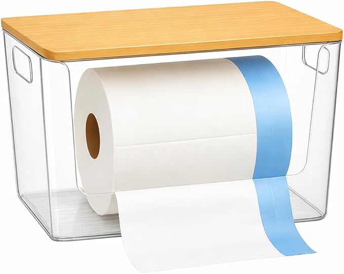 Trash Bag Holder with Bamboo Lid - Stackable Under Sink Organizer & Garbage Bag Dispenser for Kitchen Organization - Large Plastic Holder for Laundry Room, Pantry, Bathroom, Cabinets, 1 Pack