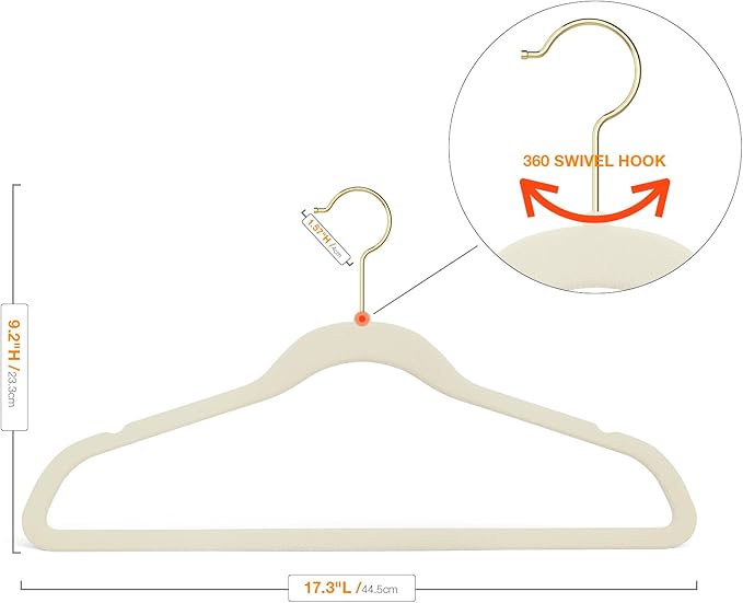 Korpai 50 Pack Beige Velvet Hangers,Coat Hanger Non Slip,Heavy-Duty,Space Saving,Slim Clothes Hangers for Pants,Outfit,Skirts,Suits,Coats,Dresses ect.Felt Hangers with Gold 360°Swivel Hook