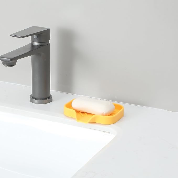 MicoYang Silicone Bathroom Soap Dishes with Drain Spout-Bathroom and Kitchen Sink Organizer,Sponge Holder,Dish Soap Tray,Perfect for Dispenser,Scrubber,Bottle,Cup on Sink or Counter-Yellow 4.9"×3.2"