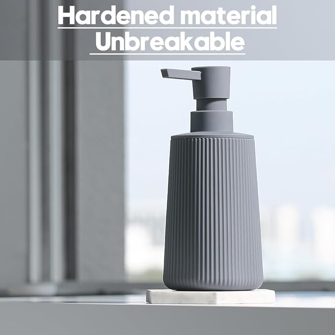 Small Soap Dispenser for Bathroom and Kitchen, Modern Farmhouse Striped Style Plastic Hand Soap Dish Soap Dispenser with Pump Matte Gray