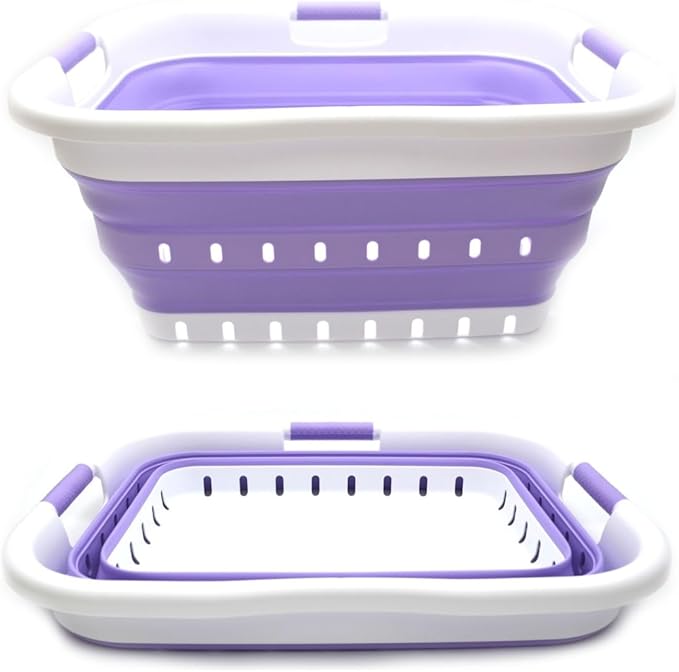 SAMMART 41L Collapsible 3 Handled Plastic Laundry Basket - Foldable Pop Up Storage Container/Organizer - Portable Basket - Space Saving Hamper/Basket (3 handled rectangular, White/Lt. Purple)