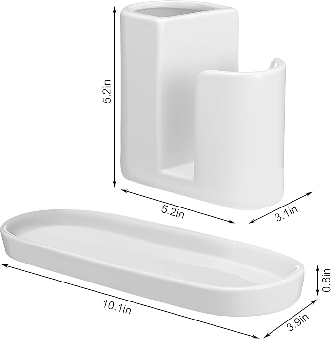 Geelin 3 in 1 Ceramic Kitchen Sink Caddy Dish Sponge Holder Scrub Brush Holder and Soap Tray for Kitchen Organizer White Rustic Farmhouse Supplies(White)
