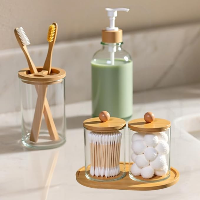 5 Pack Bamboo Bathroom Accessories Set with Tray - Plastic Soap Dispenser Clear Toothbrush Holder and 2 Qtip Holder Cotton Ball Container Jar