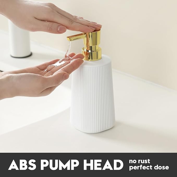 Small Soap Dispenser for Bathroom and Kitchen, Modern Farmhouse Striped Style Plastic Hand Soap Dish Soap Dispenser with Pump Matte White and Gold