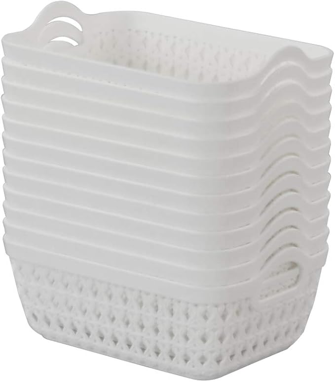 12-Pack Mini Plastic Storage Basket Tray, Plastic Desktop Baskets, White