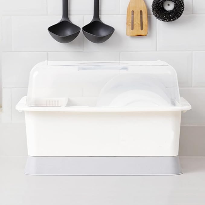 Lyellfe Plastic Dish Drying Rack, Bottle Dryer Holder with Cover Lid and Removable Drainboard, White Utensil and Cup Holder for Kitchen Counter, Dish Dryer Shelf, Medium Size