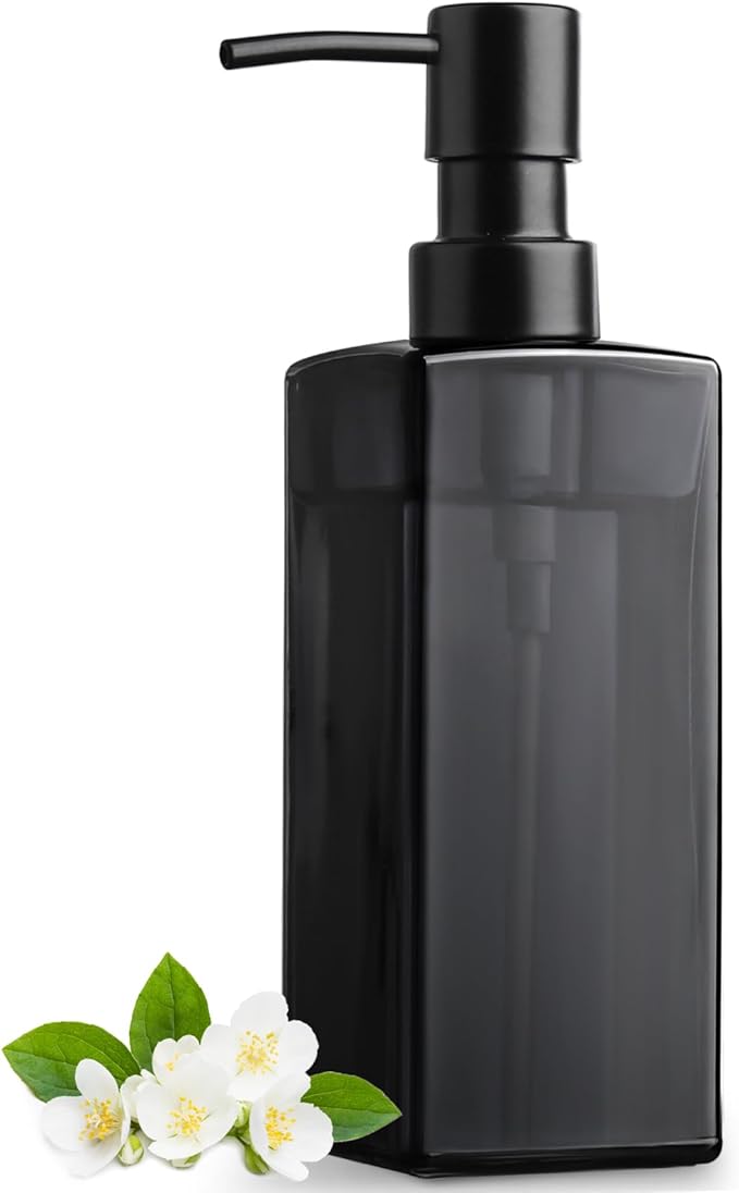 GMISUN Black Glass Soap Dispenser, Hand Soap Dispenser with Stainless Steel Pump for Bathroom, 12 fl oz/350ml Refillable Dish Dispensers for Kitchen, Modern Liquid Lotion Bottles for Countertop