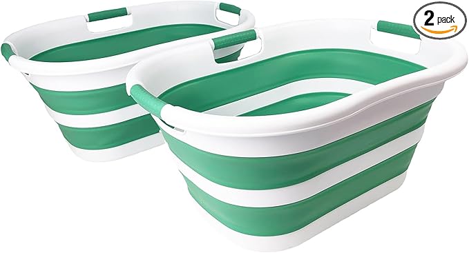 SAMMART 40L (10.5 gallon) Set of 2 Collapsible Plastic Laundry Hamper - Foldable Pop Up Storage Container/Organizer - Portable Washing Tub - Space Saving Basket (2, White/Winter Green)