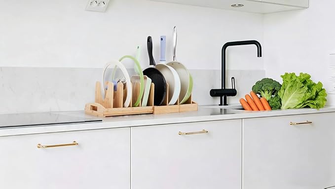 Pots and Pans Organizer under Cabinet, Pot Lid Organizer Bamboo Expandable with 10 Adjustable Dividers, Pan Holder Kitchen Storage Rack for Cutting Board, Baking Tray and Cookie Sheet