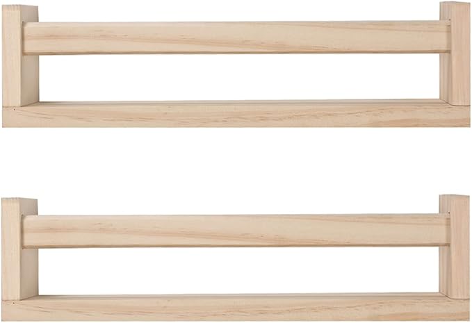 Nursery Book Shelves, Set of 2 Wood Floating Book Shelves for Kids Room, Kitchen Spice Rack, or Rustic Wall Mounted Shelves for Farmhouse Bathroom Décor (Natural Wood)