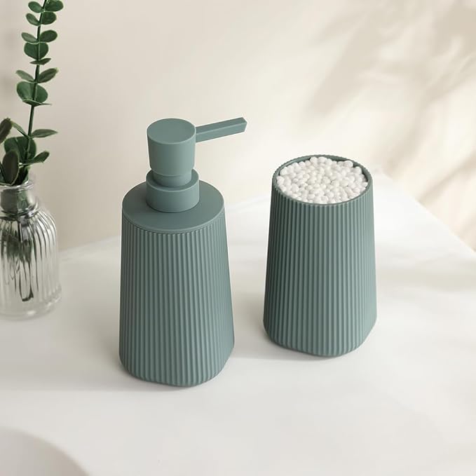 Bathroom Accessories 2 Piece Soap Dispenser and Toothbrush Holder Set Striped Green