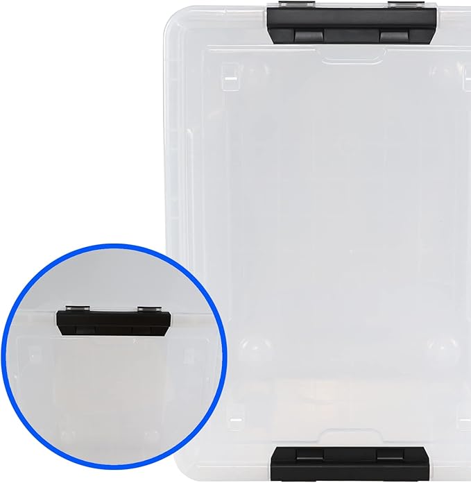 Drephia 4 Pack 50 L Large Clear Latch Storage Bin with Lid and Wheels, Plastic Storage Container Box