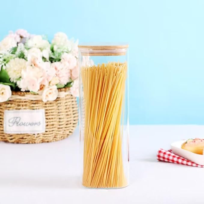 3 Pack Square Kitchen Storage Jars with Airtight Bamboo Lids and 132 Pantry Labels - 80oz Glass Canisters with Wood Lids - Food Storage Containers for Spaghetti, Pasta, Fettuccine