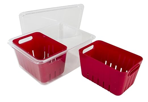 Kitchen Spaces Twin Colander Food Storage Container, Strainer and Fridge Organizer Bin for Fruits and Veggies, Stackable, BPA-Free