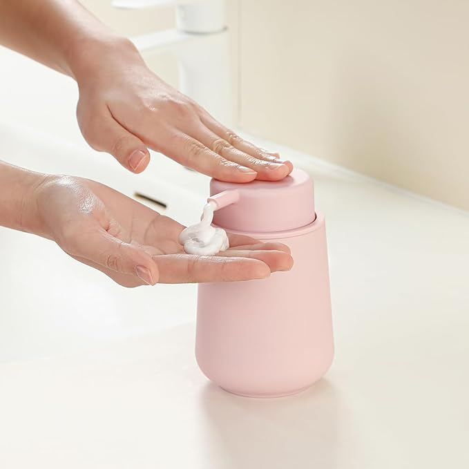 Matte Light Pink Foaming Hand Soap Dispenser Plastic 11 oz - Modern Minimalist Style for Bathroom & Kitchen Countertop Refillable
