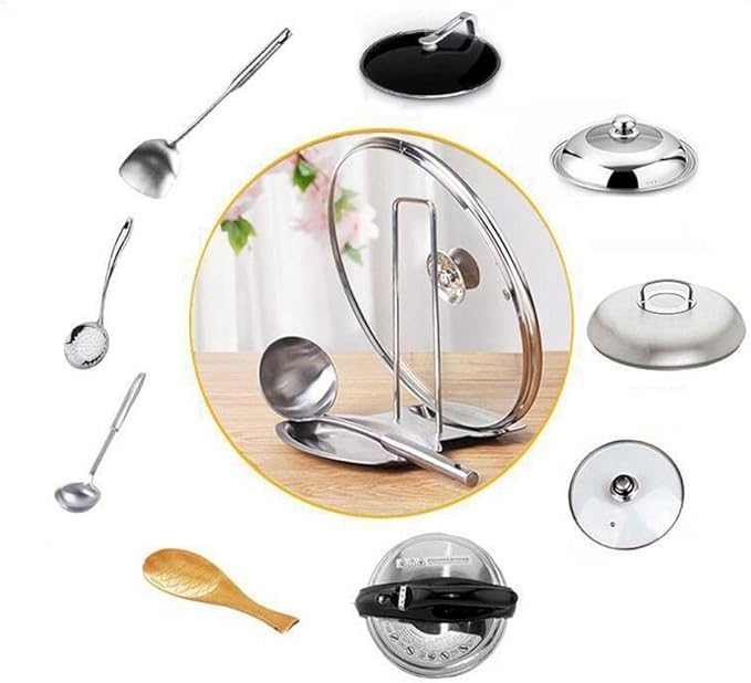 Stainless Steel Spoon Rest with Pan Lid Holder Stainless Steel Pan Lid Organizer Soup Spoon Rests Rack Kitchen Utensils Holders(Gold)