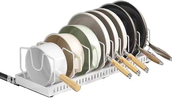 pots and pans organizer under cabinet,pot lid organizers inside cabinet holders for kitchen,Horizontal and vertical pulling modes,Can be extended and adjusted (White horizontal pull-out)