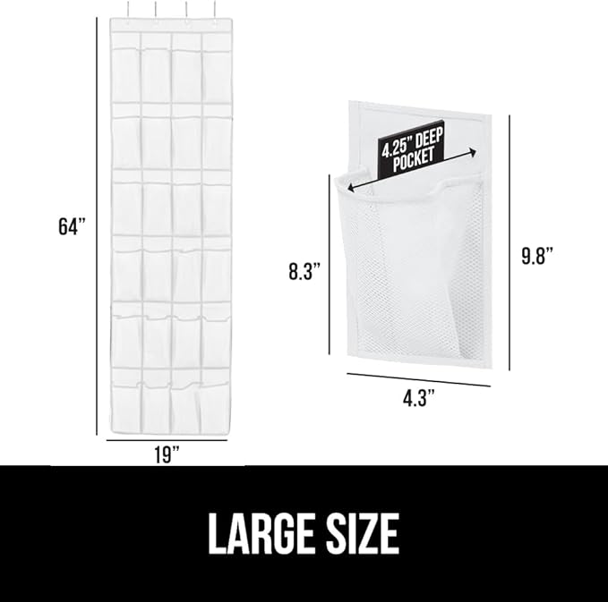 GORILLA GRIP Over the Door Shoe Organizer, 24 Large Breathable Mesh Pockets, Space Saving Hanging Storage Holder, Closet Rack Hanger Holds Up to 40 lbs, Hangs on Closets for Shoes, Accessories, White