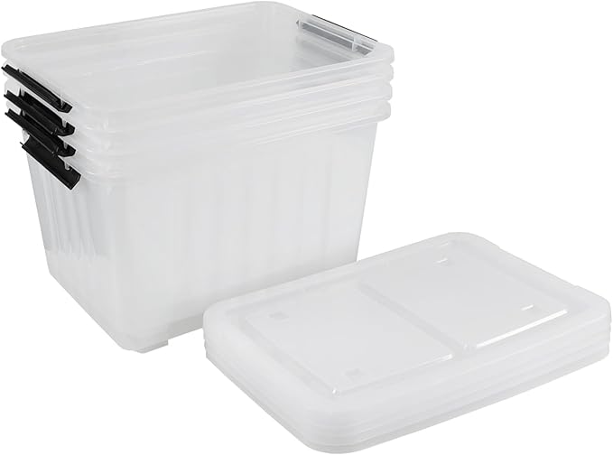 Haodehen 50 Quart Clear Storage Container with Lids and Wheels, 4-Pack Clear Plastic Latching Bins