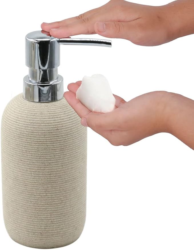 Beige Resin Bathroom Accessory Set, 5 Pcs Bathroom Accessories Set with Lotion Dispenser,Soap Dish,Toothbrush Holder,Vanity Tray,Qtip Holder Dispenser, Modern Bathroom Decor and Housewarming Gift Set