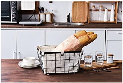 Handmade -Open Storage Bread Food Basket,Kitchen Cabinet and Pantry Storage Organizer Bin & Containers- Two Cut-Out Handles Wire Metal with Canvas Lining 13x10x7.5 Inches Black