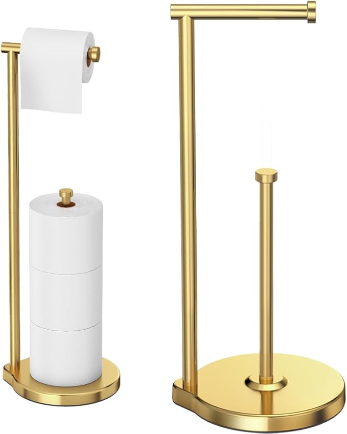 theaoo Heavy-Duty Toilet Paper Holder Stand – Modern Freestanding Bathroom Toilet Tissue Paper Roll Holder with Reserve & Storage, Stainless Steel (Brushed Gold, Free Standing)