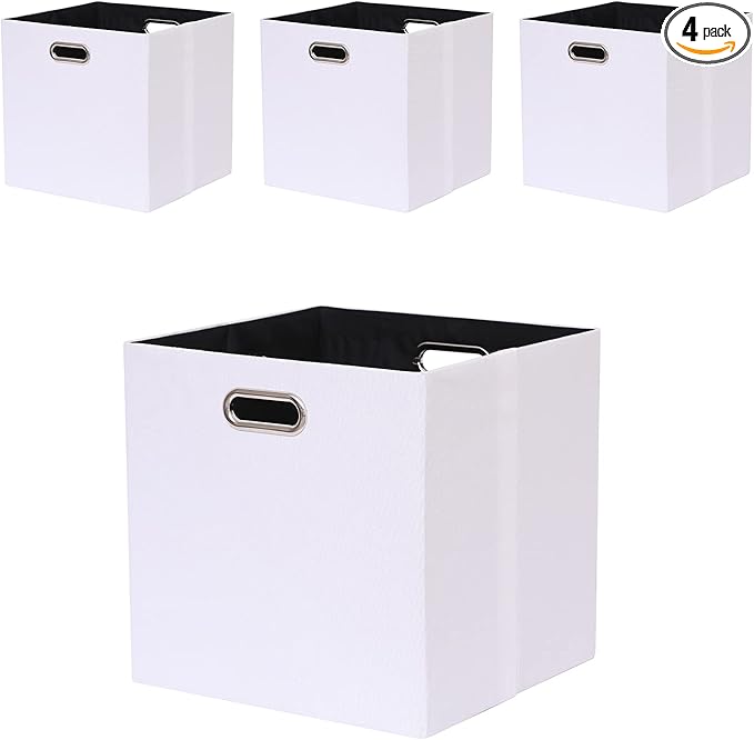 Cube Storage Bins 13×13 Polyester Foldable Box with Handles, Collapsible Organization Basket Set of 4 Large Capacity Drawer for Closet Shelf Cabinet Bookcase Bedroom, White