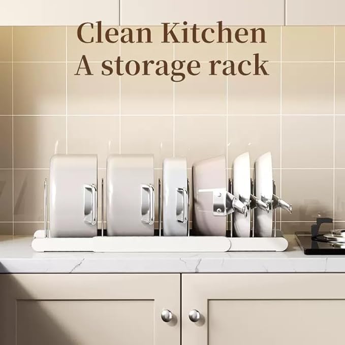 Expandable Pot Organizer with 7 Adjustable Dividers for Kitchen Cabinets, Baking Dishes, Bakeware, Pot Lids and Pantry Countertops (White)
