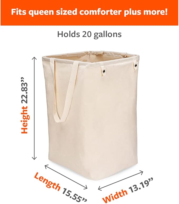 Full Circle Loads of Fun Collapsible Hamper – Laundry Basket for Dirty Clothes & Towels– Tall Standing Organic Cotton Laundry Bag with Long Handles - Ideal for Bathroom, Bedroom or Kids’ Room, Natural Large