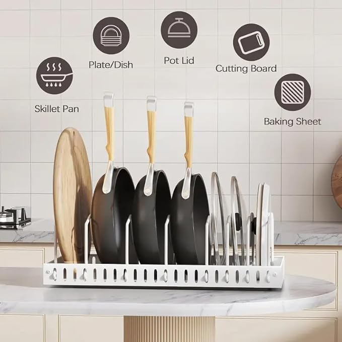 2 Pack Pull Out Pots and Pans Organizer Rack for Cabinet and Countertop, Pull Out Cabinet Organizer with 8 Adjustable Dividers, Kitchen Storage for Pot Lid, Dishes, Bakeware, Pots and Pans, White
