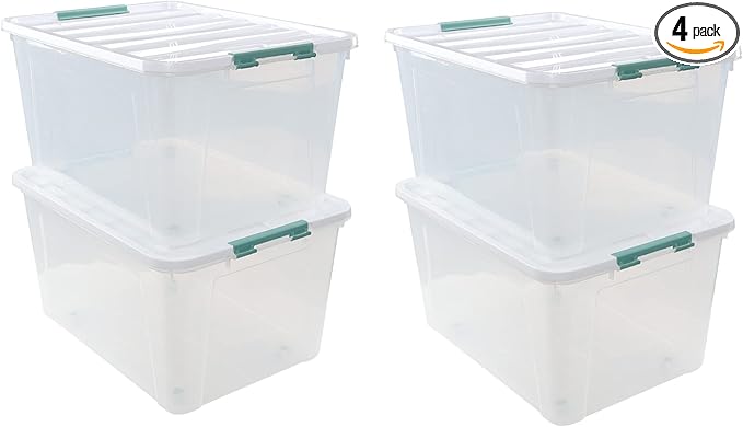 Parlynies 85 Quart Plastic Storage Bin, Stackable and Nestable Storage Boxes with Lids and Secure Latching Buckles, Large Storage Container for Home, Office, Garage (Clear, 85QT-4Pack)