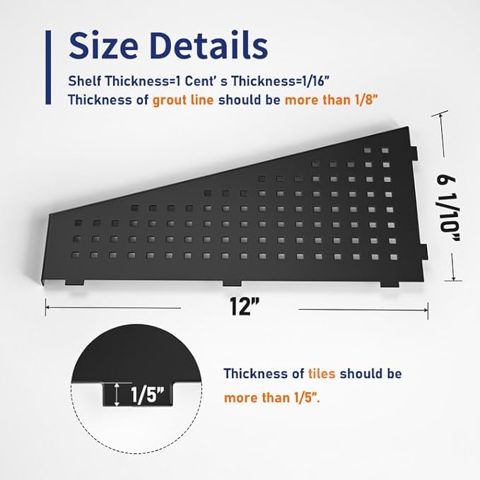 Bernkot Corner Shower Shelf, Matte Black 12" Trapezoid Grout in Shampoo Shelf, 304 Stainless Steel Grid Design Recessed Bathroom Shelf for Tiled Wall