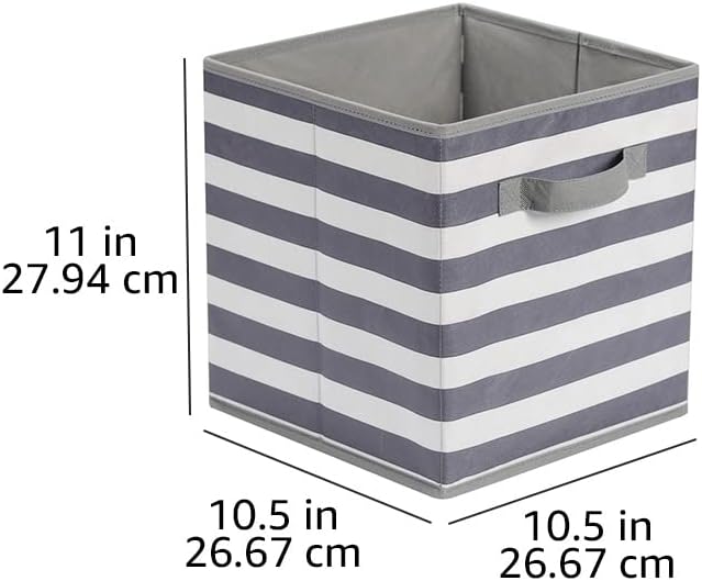 Amazon Basics Cube Organizer Storage Bins Handles,Collapsible Fabric,,10.5"x10.5"x11",White/ Light Grey Stripe,6 Count (Pack of 5)