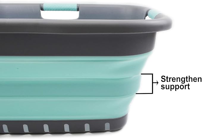 SAMMART 41L Collapsible Plastic Laundry Basket - Foldable Pop Up Storage Container/Organizer - Portable Washing Tub - Space Saving Hamper/Basket (3 handled rectangular, Medium Grey/Lake Green)