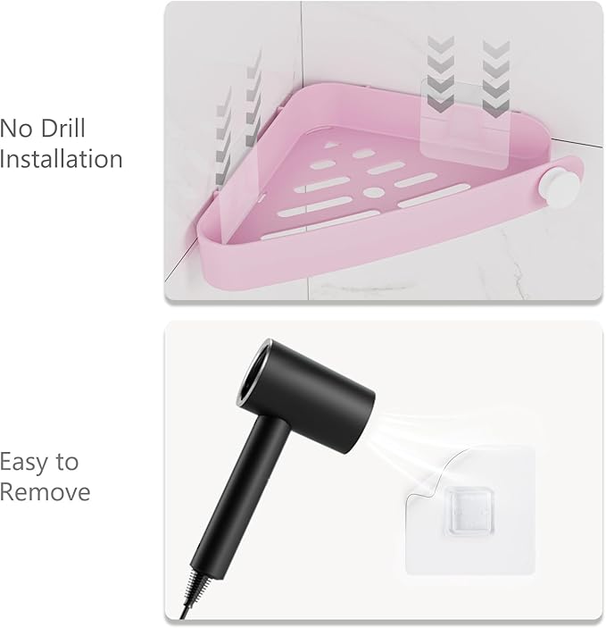 Sotfamily Plastic Shower Caddy Corner (For 90° Only), 2 Pack Adhesive Corner Shower Shelves for Bathroom Organizers and Storage, Pink