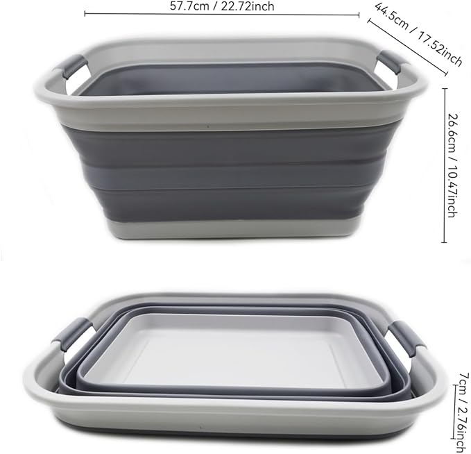 SAMMART 42L(11 gallon) Collapsible Plastic Laundry Basket-Foldable Pop Up Storage Container/Organizer-Portable Washing Tub-Space Saving,Water capacity 34L(9 gallon) (1 Rectangular - strengthen, Grey)