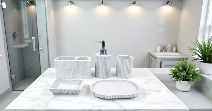 Hymmah Marble Pattern Bathroom Accessories Set, Toothbrush Holdr Set, 5 Pieces Resin Bathroom Set with Toothbrush Holder, Soap Dispenser, Soap Dish,Tumbler (Gray Granite)