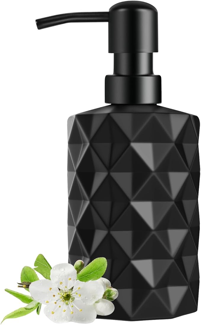 Glass Soap Dispenser with Plastic Pump, 330ml/11oz. Liquid Hand Soap Dispenser for Bathroom and Kitchen, Hand-Pump Dispenser for Dishwashing Liquid, Lotion, Soap, Essential Oil (Matte Black)