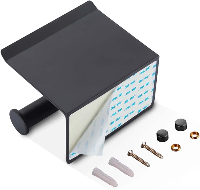 Toilet Paper Holder with Phone Shelf, Self Adhesive Aluminum Tissue Roll Dispenser for Mega Roll, Wall Mounted Toilet Paper Roll Holder for Bathroom, Matte Black