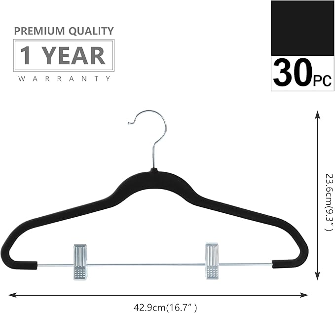 MIZGI Premium Velvet Pants Hangers with Clips (Pack of 30) Slim Skirt Hangers- Non Slip Felt Outfit Dress Hangers Black - Swivel Hooks,Space Saving Shirt Clothes Hangers