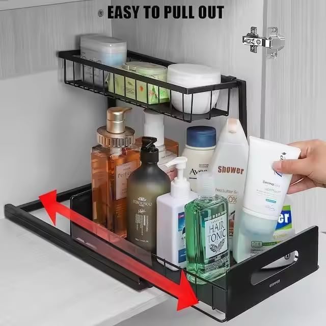 2 Tier Under Sink Storage & Organisation, Under Bathroom Cabinet Storage, Kitchen Sink Organiser Rack, Multi-purpose Under Sink Shelf Organizer- (Black) Set of 2