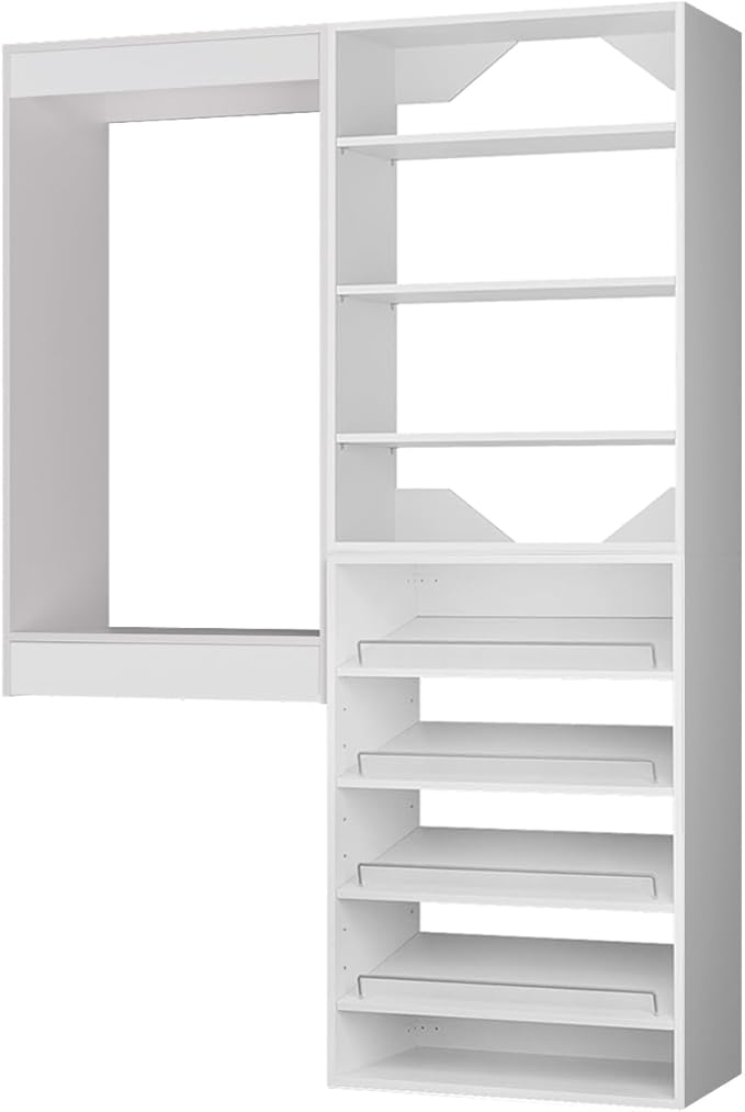 ROOMTEC Modular Closet System, 46" Wall Mounted Closet Organizer with Hanging Rods and Shoe Shelf, Wooden Tower for Walk-In Closets, Wardrobe Storage Kit, White